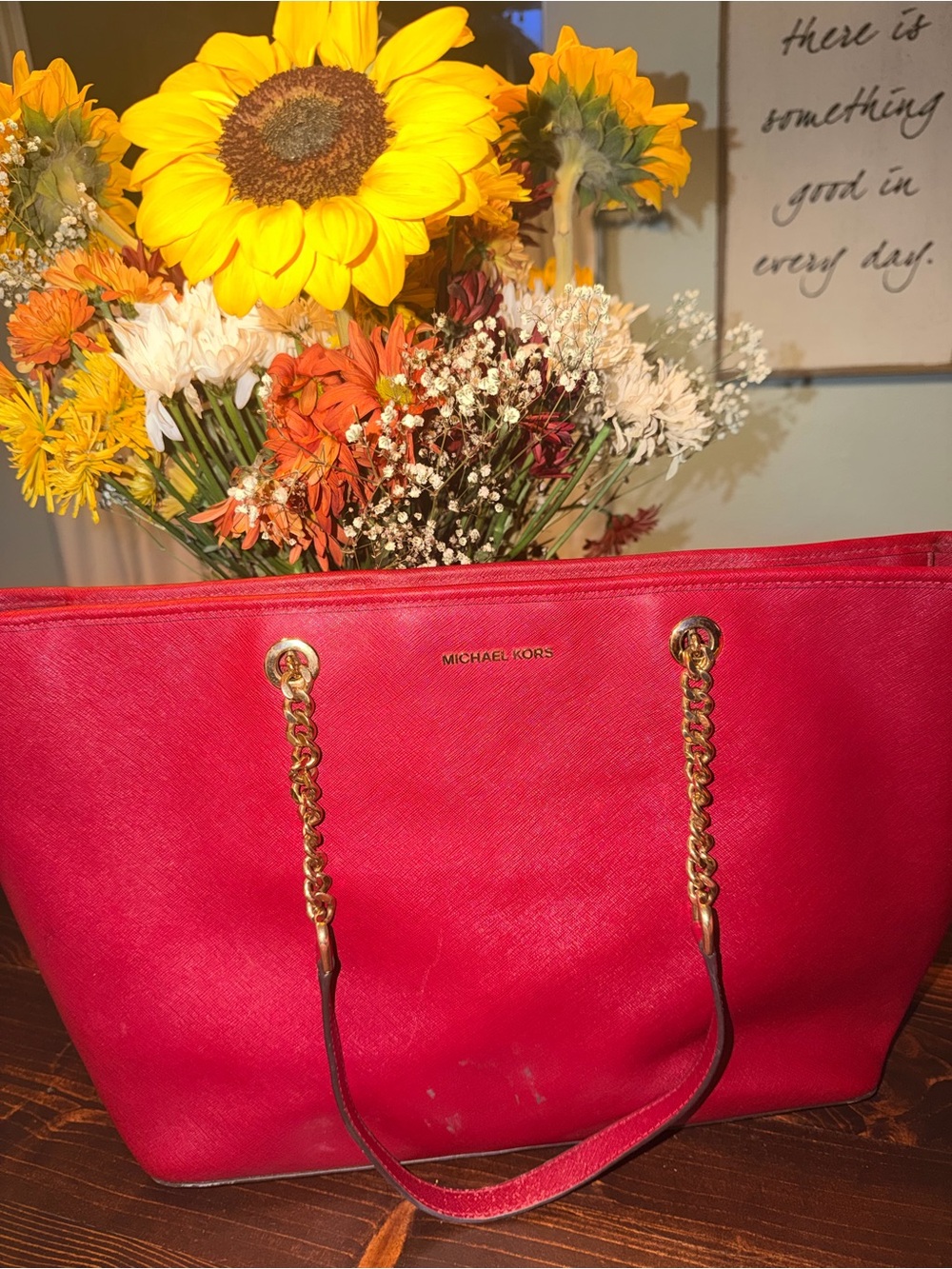 Michael Kors Hot Pink Saffiano Chain Tote with Gold Hardware